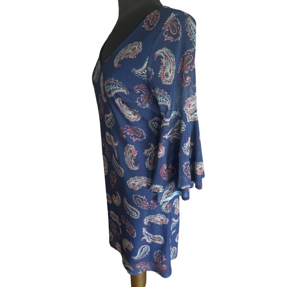 Allison Brittney Boho Paisley Dress With Bell Sleeves - Petite Small - Navy Blue - Picture 2 of 8